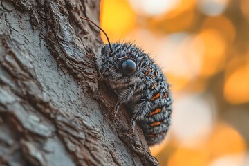 Fluffy moth on tree bark, bokeh leaves background.