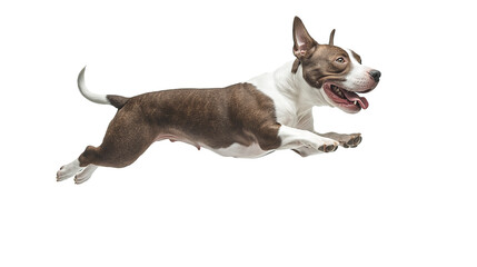Bullterrier dog joyfully jumping in a playful pose at home