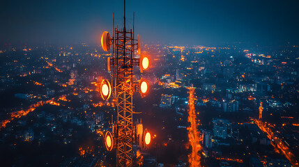 Fototapeta premium Communications tower, antenna for the 5g cellular network atop a in a nighttime metropolis