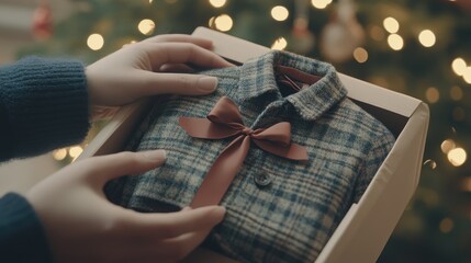 Fototapeta premium A close-up of hands untying the ribbon of an elegant gift box, revealing a cozy coat inside.