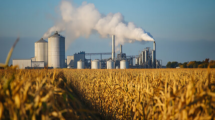Corn field with an ethanol plant