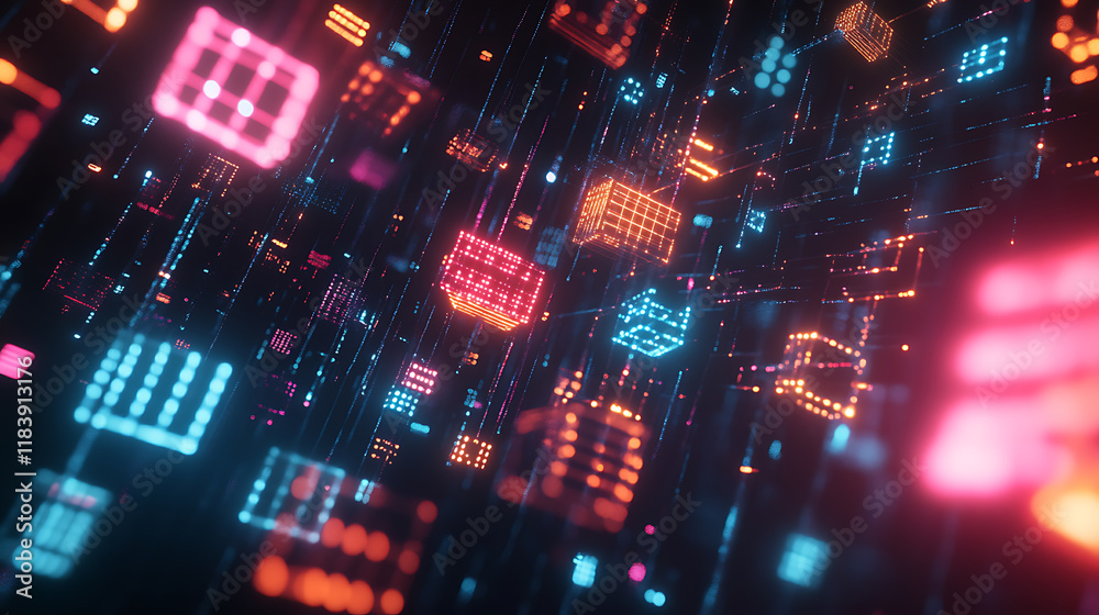 Poster Digital art of glowing neon data points and pixelated code blocks floating in the air, representing digital innovation for virtual events and future technology use cases visualizations