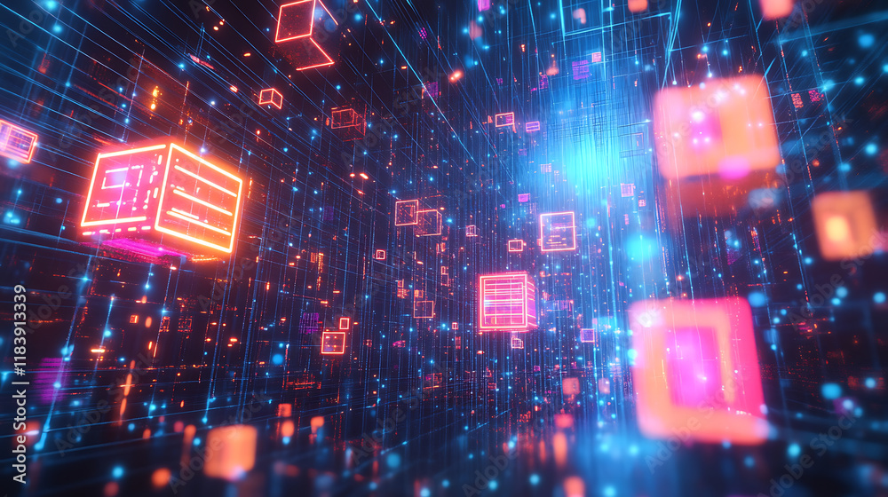 Poster Digital art of glowing neon data points and pixelated code blocks floating in the air, representing digital innovation for virtual events and future technology use cases visualizations