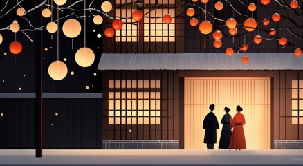 A lively street scene with people wearing traditional outfits and lanterns hanging overhead for Lunar New Year