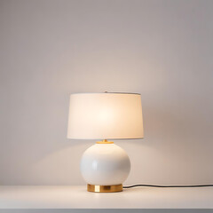A modern table lamp with a fabric shade, placed on a clean white backdrop.