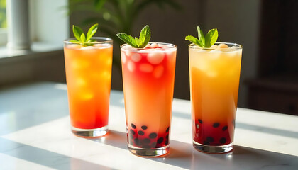Fototapeta premium colorful bubble tea drinks with tapioca pearls, fruit, and mint garnishes,refreshing beverage concept, created with generative ai
