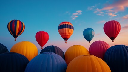 hot air balloons flying high during sunrise over beautiful rolling hills and sky.