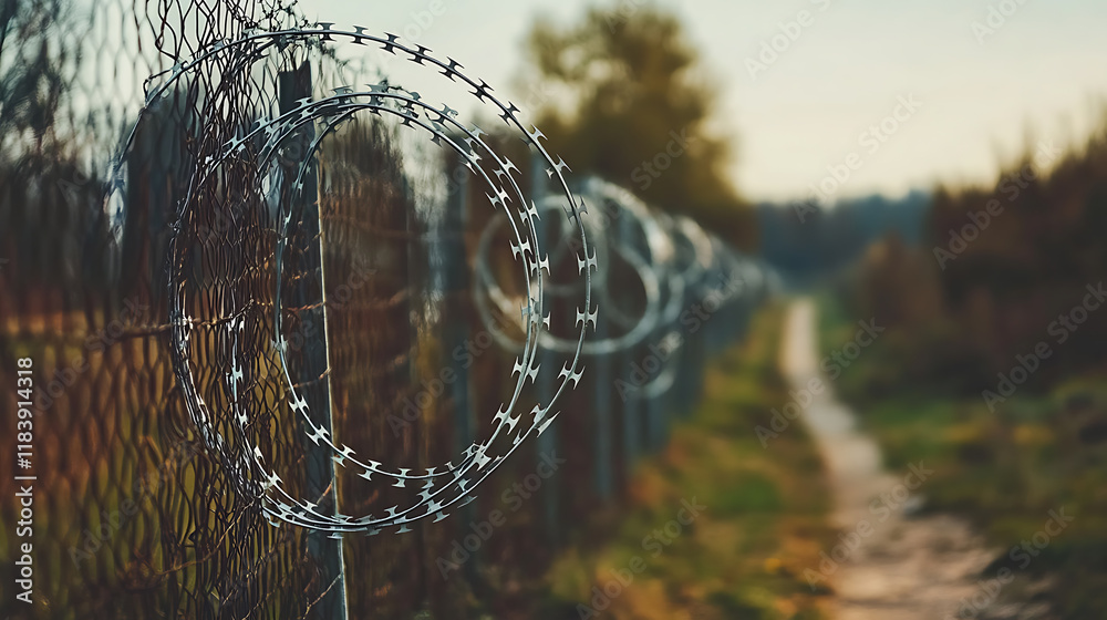 Poster fence with barbed wire on the border between two countries, concept of the problem with migrants
