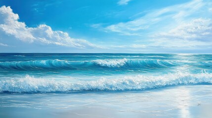 Serene ocean waves rolling onto a pristine sandy beach under a vibrant blue sky with fluffy white clouds.