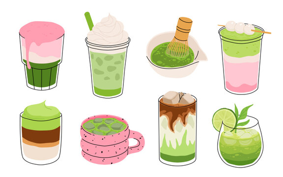 Set of Japan matcha cocktails. Collection of matcha drinks with latte , frappuccino, mojito, lemonade and coffee tonic. Green iced matcha latte in various cups. Flat cartoon vector illustration