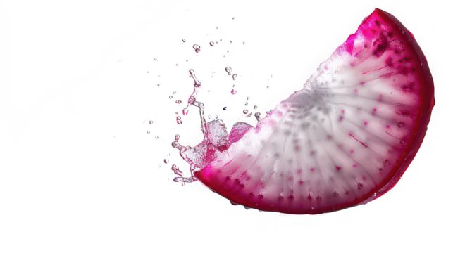 Frozen radish slice captured mid motion isolated on white background