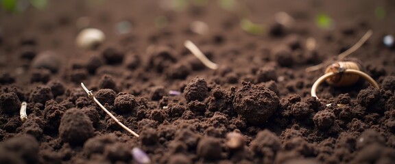Fototapeta premium Close-up of dark soil with sprouting seeds and small twigs. A texture rich image showing the beginning of new growth.