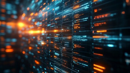 Futuristic data stream wall, processing in server room