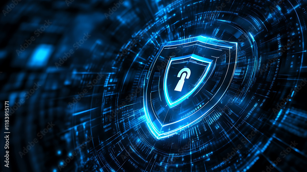 Poster Futuristic shield icon in the center of abstract digital blue background with light effects, security technology concept