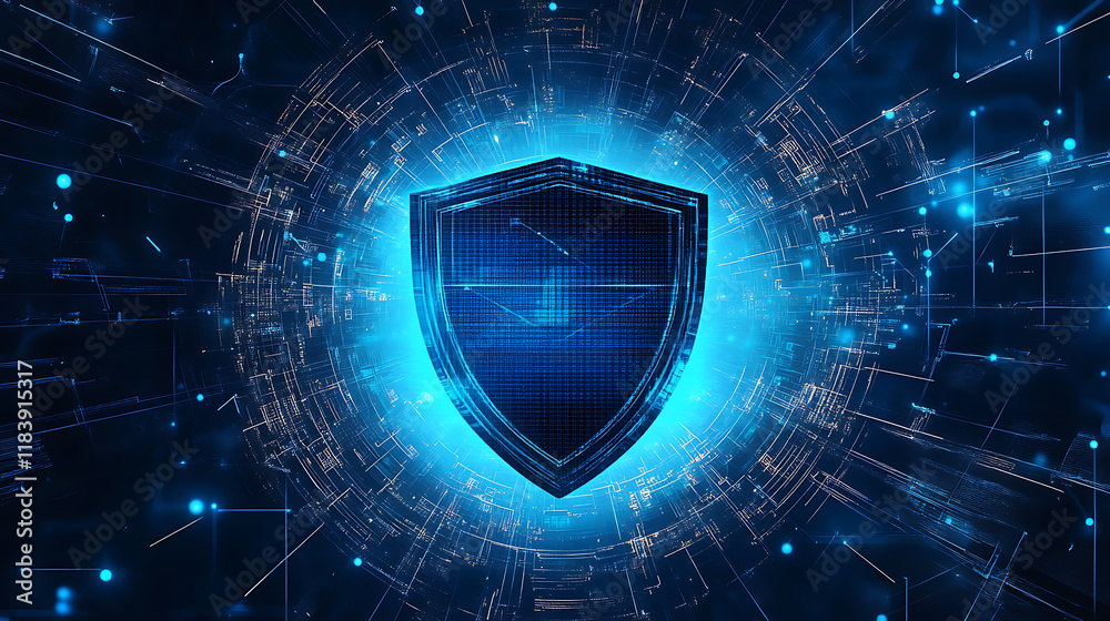 Aufkleber futuristic shield icon in the center of abstract digital blue background with light effects, securit