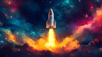 Fototapeta premium Rocket launching amidst cosmic nebula