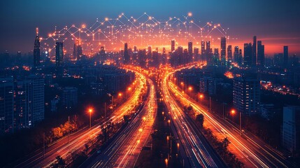 Fototapeta premium Smart city network, highway, sunset, cityscape, connection