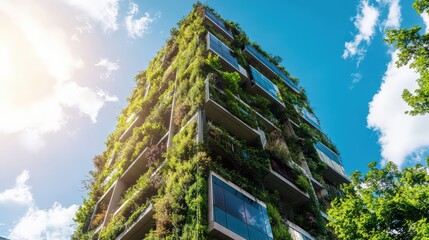 A net-zero skyscraper surrounded by vertical gardens, solar panels integrated into its futuristic architecture.