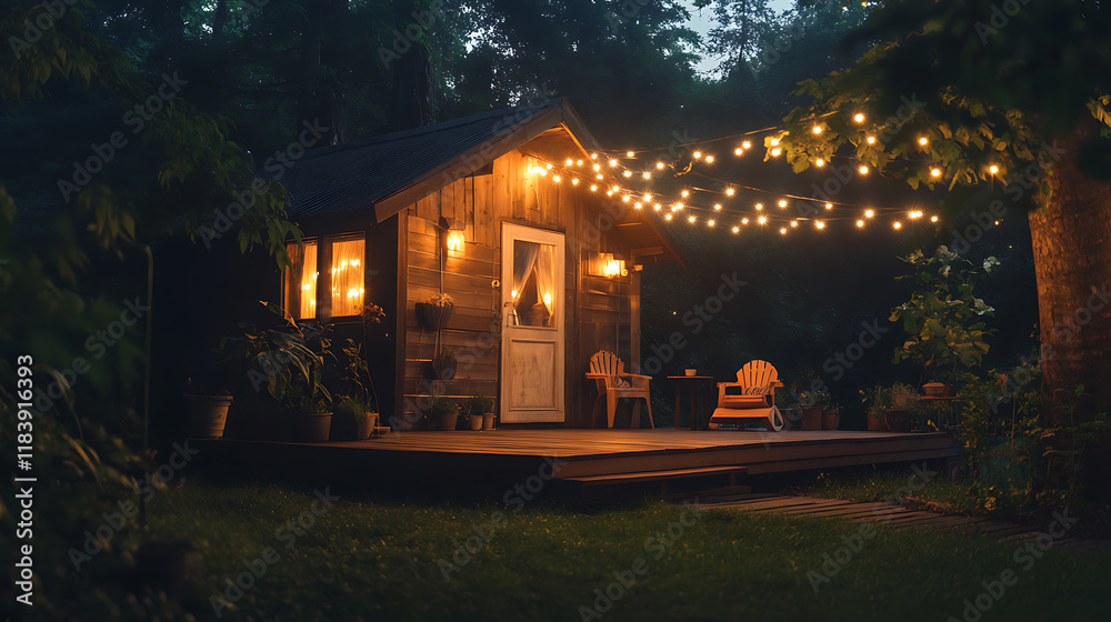 Aufkleber Hut and deck at garden in dark sky with string lights and soft illumination
