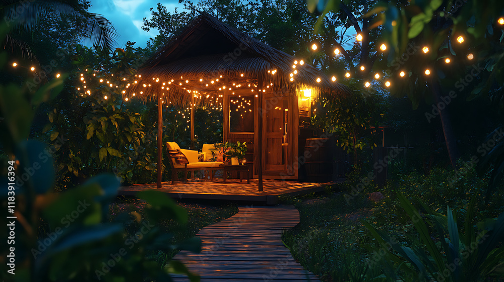 Aufkleber Hut and deck at garden in dark sky with string lights and soft illumination
