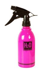 Hot pink plastic water spray bottle isolated on white background