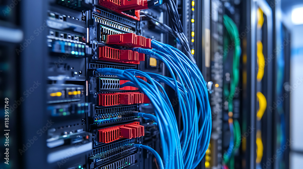Poster large group of utp cables, ethernet cables in rack cabinet, utp cables from a patch panel in the ser