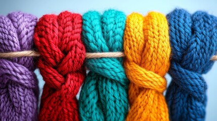 Colorful Knitted Yarn Balls Tied Together Craft Supplies Texture Background