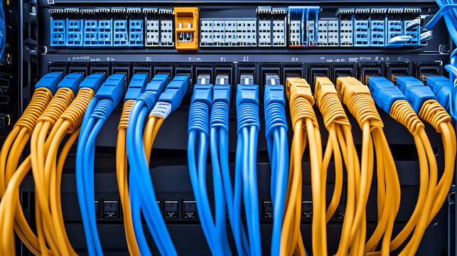 Large group of utp cables, ethernet cables in rack cabinet, utp cables from a patch panel in the server rack in the data center room