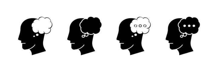Message bubble icons. Thinking message bubble icons. Linear and silhouette style. Vector icons.