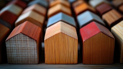 Rows of Miniature Wooden Houses Representing Housing Development
