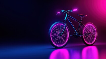 Fototapeta premium A vibrant, neon-lit bicycle featured against a dark background, showcasing glowing wheels and handlebars, emphasizing a modern and dynamic aesthetic.