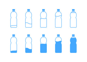 Water bottle set icons. Occupancy level icons. Flat style. Vector icons.