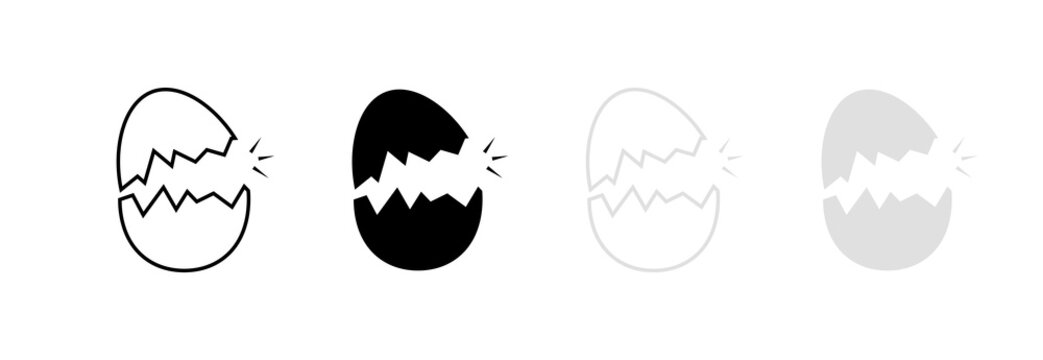 Broken egg set icons. Linear, silhouette and flat style. Vector icons.