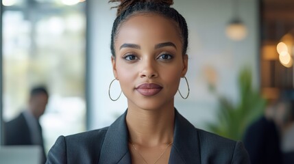 A professional woman in a stylish blazer making a presentation about e-commerce growth, animated team, digital displays,