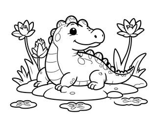 Adorable Baby Alligator Coloring Page: A Cute Reptile in a Water Lily Pond