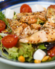 Ensalada de pollo, tomates cherry, queso griego y rúcula