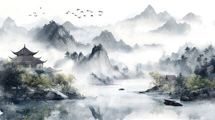 Modern chinese landscape drawing wallpaper