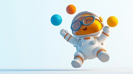 Obraz premium Cheerful cartoon astronaut juggling planets in space.
