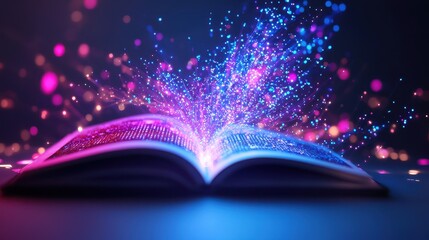 An open book emits colorful sparks and light, creating a magical atmosphere that symbolizes knowledge and creativity.