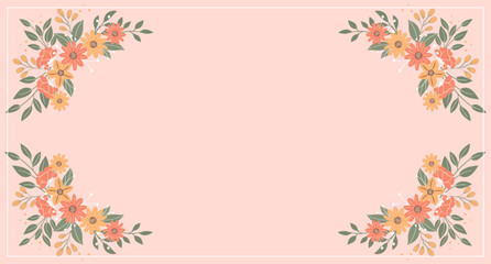 Floral frame with space for text. Vintage floral frame with spring flowers on pink background. Holiday illustration.