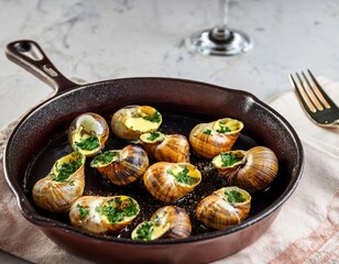 Cast iron pan holding bourgogne snails baked with garlic, parsley butter