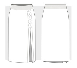 Knitted Skirt with front slit and braid. Technical sketch. Vector illustration.