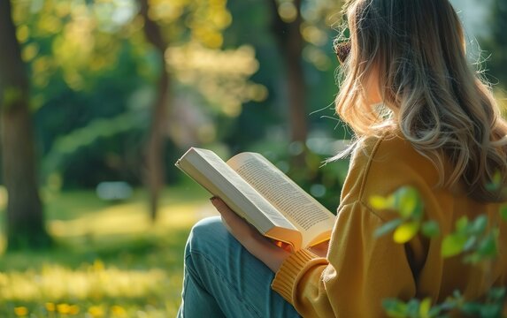 Woman is reading a book outside in the park. Slow living morning routine concept. Slow cation, leisure, restful unwind, tranquil relaxation, quiet mindful retreat, day off guilty pleasure, day off