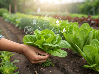 Fresh green salad vegetables from the garden that are green all over the garden. There are water droplets from the morning mist