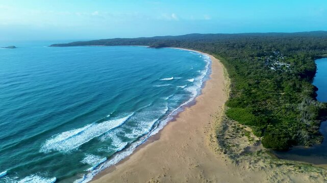 Drone aerial landscape South Durras beach Murramarang national park with lagoon ocean coastline Wasp Island headland South Coast Australia travel tourism