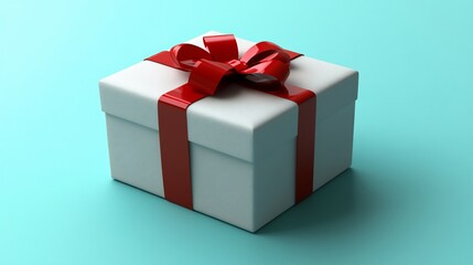 Obraz premium White gift box with red ribbon bow on light blue background.