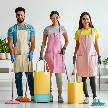 fun fresh young adult team of diverse cleaners wearing pastel coloured tabard using pastel coloured cleaning tools in a white office with pastel furniture
