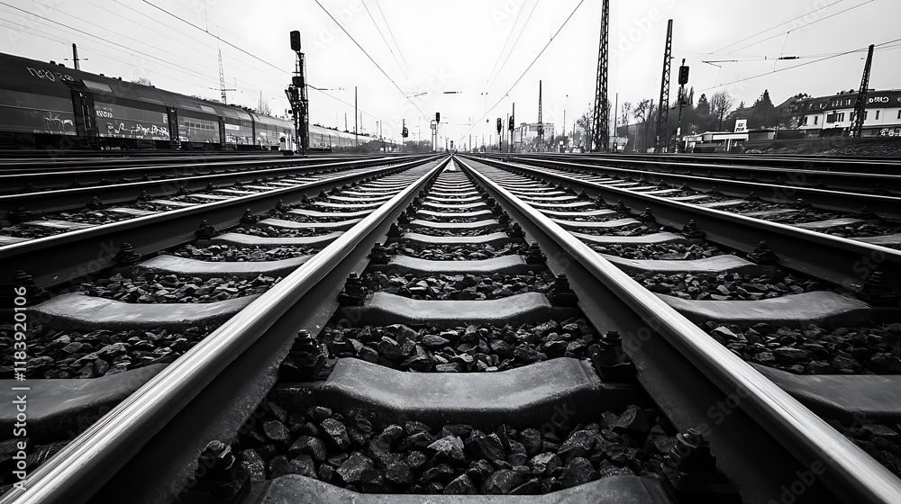 Poster railway tracks with switches and interchanges at a main line station in frankfurt main germany with 