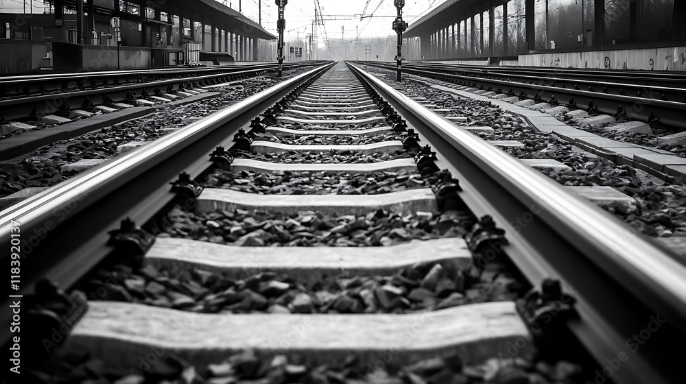 Poster Railway tracks with switches and interchanges at a main line station in frankfurt main germany with geometrical structures, thresholds, gravel and screws, reflecting symmetrical rails black and white