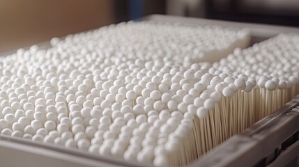 Close-up of cotton buds being neatly stacked in trays for easy packaging and shipping.